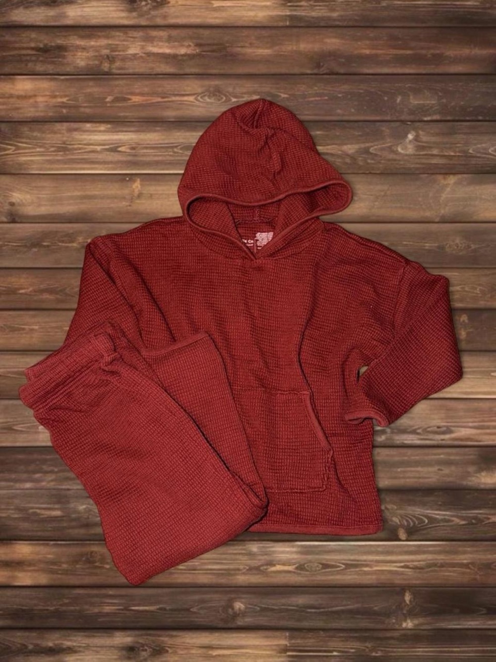 Little Co. Waffle Hoodie & Pants Set in Burnt Red